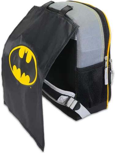 Vista 3 de DC Comics Justice League Mini Batman Mochila para niños pequeños Mochila preescolar de lujo de 12 pulgadas con capa desmontable y calcomanías