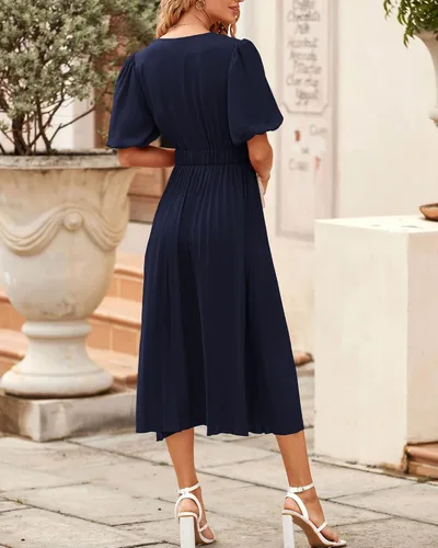Vista 4 de BTFBM Vestidos casuales de verano 2023 para mujer, estilo bohemio, envolvente, cuello en V, manga corta, abombada, para fiesta en la playa, vestido