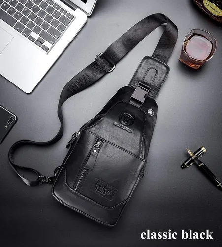 Vista 2 de BULLCAPTAIN Mochila bandolera de cuero genuino para hombre, multibolsillo, bandolera, bolsas de pecho, viajes, senderismo, mochila