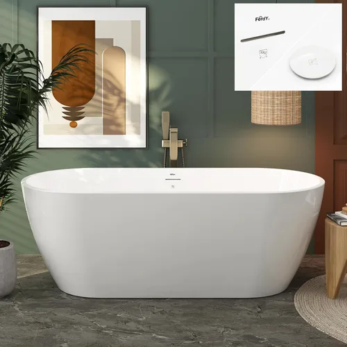 Vista 43 de FerdY Bañera independiente de acrílico Bali de 47 pulgadas, bañera independiente con forma elegante, certificado cUPC, drenaje dorado cepillado