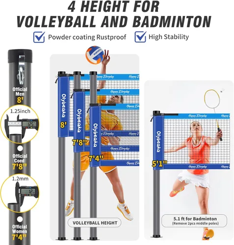 Vista 3 de Conjunto combinado de bádminton de voleibol al aire libre con red, diseño antiflacidez, 4 raquetas de bádminton, 3 pajaritos y voleibol