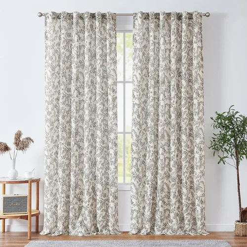 Vista 17 de JINCHAN Cortinas florales de lino para sala de estar, cortinas negras de estilo granja francesa de campo, cortinas de 63 pulgadas de largo, cortinas