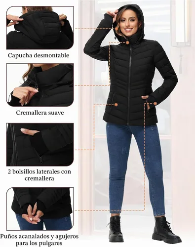 Vista 5 de ROYAL MATRIX Chaqueta acolchada plegable para mujer, chaqueta acolchada ligera para invierno, cálida chaqueta acolchada con capucha desmontable Negro