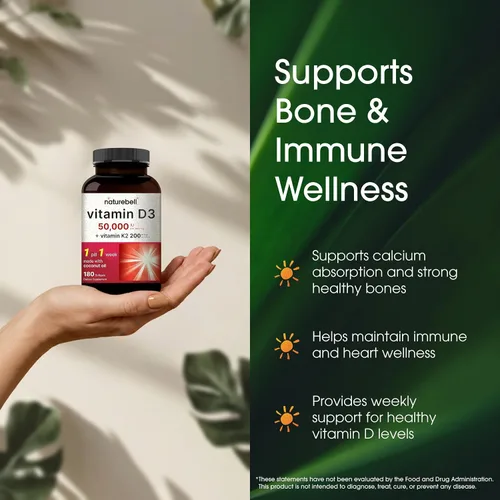 Vista 4 de NatureBell Vitamina D3 50,000 UI con Vitamina K2-180 Cápsulas blandas – Apoyo óseo e inmunológico de alta potencia* – Fácil absorción con aceite