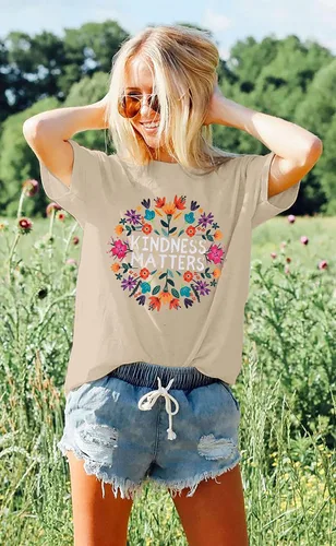 Vista 7 de Camisetas de profesor para mujer, camiseta con texto en inglés "Be Kindness", camisetas de salud mental, camiseta bohemia con gráficos florales