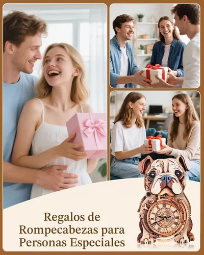 Vista 7 de Rompecabezas de madera 3D para adultos, rompecabezas 3D reloj bulldog (con péndulo) 32 piezas, rompecabezas de madera para principiantes