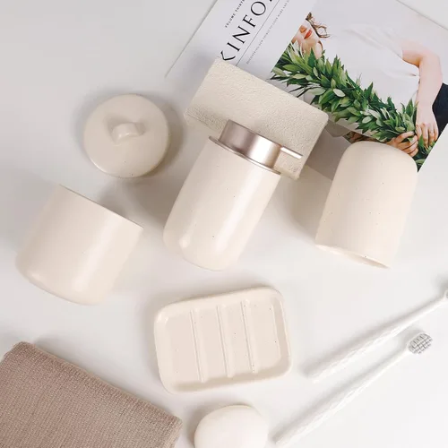Vista 8 de BosilunLife Juego de accesorios de baño de albaricoque, juego de accesorios de baño de cerámica, dispensador completo de jabón espumoso y soporte