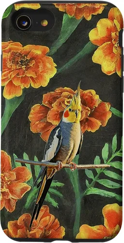 Vista 13 de iPhone 15 Cockatiel Orange Yellow Marigolds Vintage Flower Pattern Case