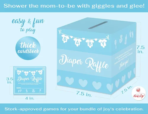 Vista 3 de Party Hearty - Boletos y caja para rifas de pañales, juego de baby shower, color azul 50 boletos de rifa, caja de tarjetas de boletos para rifas