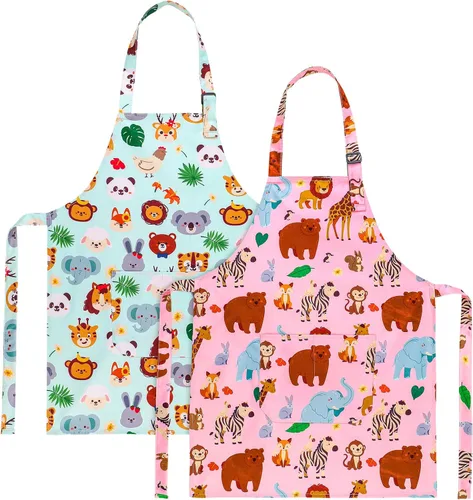 Vista 9 de Paquete de 2 delantales para niños, bonitos delantales de cocina, delantal de arte impermeable con bolsillos, delantal ajustable para pintores