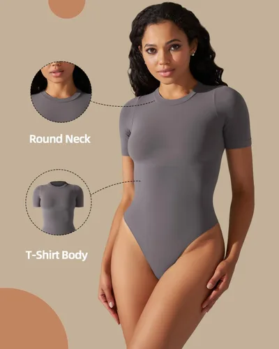 Vista 2 de Women's Bodysuit Shapewear, Tummy Control Body Shaper, Round Neck Short Sleeve Soft Thong Jumpsuit