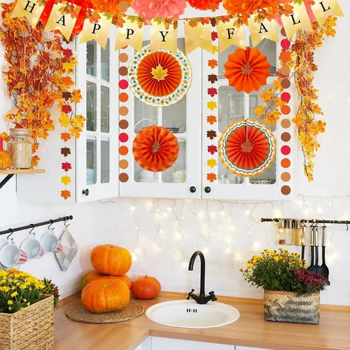 Vista 4 de Winlyn Paquete de 21 decoraciones de fiesta de otoño a granel, color naranja tía, abanicos de papel colgantes, pancarta de feliz otoño, pompones