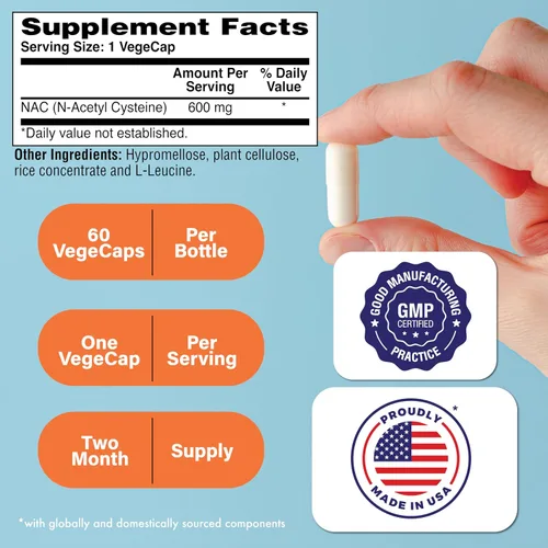 Vista 2 de Health Thru Nutrition NAC N-acetil-cisteína 600 mg 60 cápsulas Certificado vegano El suplemento NAC más puro Apoya la salud pulmonar