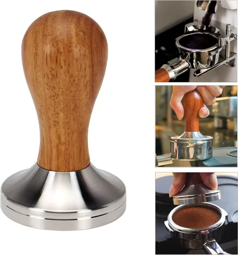 Vista 3 de DIBTSA Manipulador de café expreso de 2.008 in, con base plana de acero inoxidable 304 y mango de madera para portafiltro