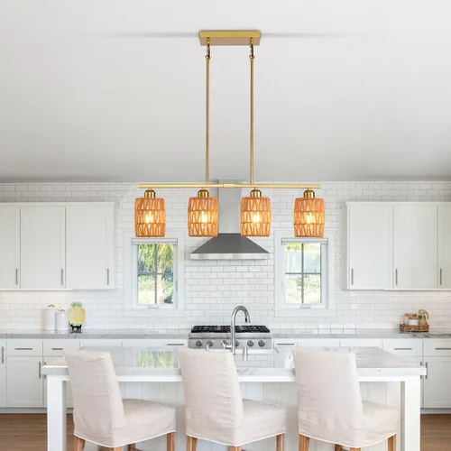 Vista 7 de Lámpara de isla de cocina de ratán, lámpara de araña rústica boho costera, lámpara colgante rústica bohemia de 4 luces para comedor, altura