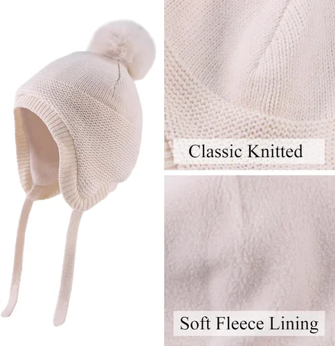 Vista 3 de JANGANNSA Básico invierno bebé niños Beanie guantes de punto niñas sombrero con pompón orejeras forro polar cálido niños sombreros mitones