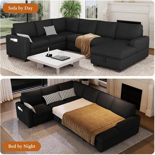 Vista 4 de Vesgantti Sofá Seccional Modular de 113.6" con Sofá Cama Extraíble, Sofá Cama en Forma de U de 7 Plazas con Chaise de Almacenamiento, Sofá Seccional