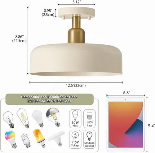 Vista 3 de BISAMIYA Moderna lámpara de techo semiempotrada, acento de latón y pantalla de metal de 12.6 pulgadas, para cocina, pasillo, entrada, despensa