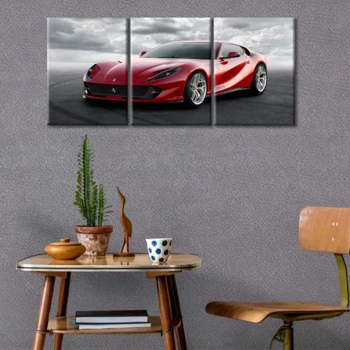 Vista 96 de Arte de pared de auto deportivo rojo para sala de estar, arte de pared de lienzo de súper auto genial, imágenes pósters, 3 piezas, arte moderno
