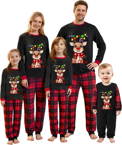 Vista 28 de Awoscut - Conjunto de pijamas navideños a juego, con estampado en la parte superior y pantalones a cuadros #B-7