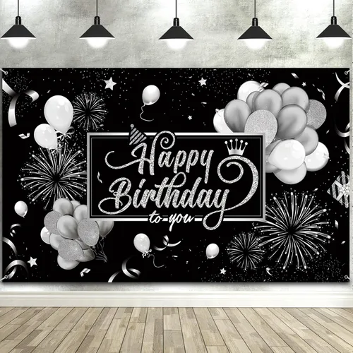 Vista 9 de Blulu Cartel de Pancarta de Feliz Cumpleaños Póster de Tela Grande con Purpurina Globo Fuegos Artificiales Cartel Fondo de Fotos Telón de Fondo