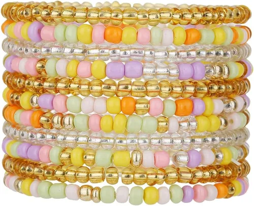Vista 21 de Caiyao 12 pulseras apilables con cuentas de resina multicapa bohemia, pulseras elásticas de cuentas de cristal de colores, pulseras elásticas