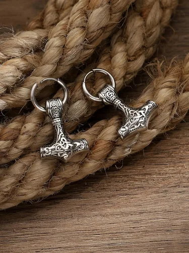 Vista 3 de HAQUIL Viking Jewelry - Amuleto vikingo con diseño de hacha de lobo y runa Mjolnir, aretes colgantes para hombres y mujeres