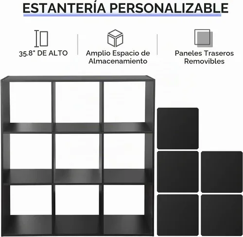 Vista 4 de JupiterForce Organizador de almacenamiento de 9 cubos, estante de exhibición de madera con 5 paneles traseros removibles, estantería de libros