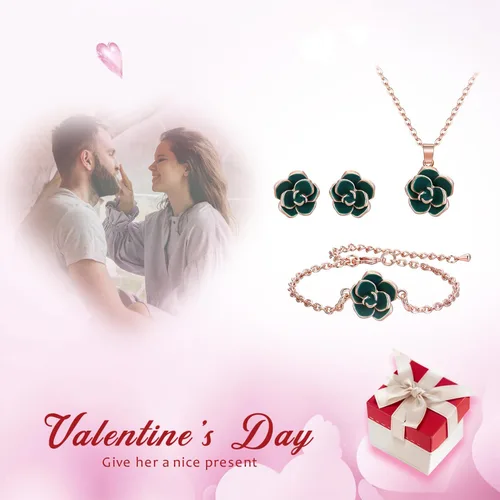 Vista 6 de EleQueen Rose Flower Necklace Earrings Bracelet Set 14K Green Rose Gold Plated Hypoallergenic Jewelry Sets Gift for Women