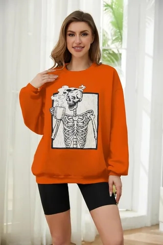 Vista 2 de Meladyan - Sudadera de forro polar con estampado de calavera de Halloween de gran tamaño, cuello redondo, manga larga, hombros caídos