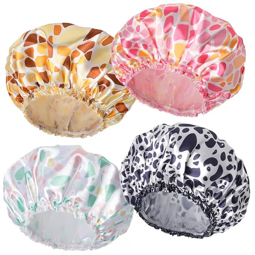 Vista 28 de 4 piezas de gorros de ducha para mujer, gorros de baño con estampado, gorro de ducha de doble capa reutilizable e impermeable, gorros de ducha