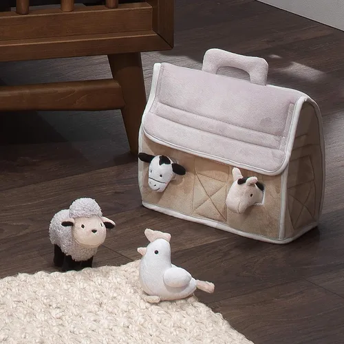 Vista 5 de Lambs & Ivy Granja de bebé de peluche con 4 juguetes de animales de peluche - Taupe/Gris/Blanco