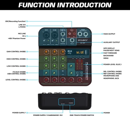 Vista 3 de Tablero mezclador de audio de 4 canales, consola de mezcla de tablero de sonido con USB digital Bluetooth 48V Phantom Power y Echo, pequeña interfaz