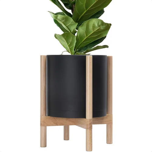 Vista 54 de Maceta de D'vine Dev con soporte - Maceta de flores de cilindro de plástico de 8.0 pulgadas con soporte de madera para interiores, maceta mate negra