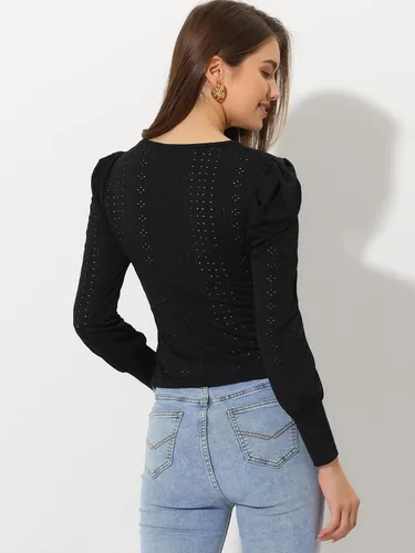 Vista 4 de Allegra K Camisetas casuales de manga larga abombadas con cuello redondo y corte ajustado para mujer
