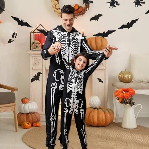 Vista 3 de ANGELGGH Family Matching Halloween Onesie Pajamas, Funny Skeleton Printed Hooded Zipper PJs Loungewear for MenWomenKids