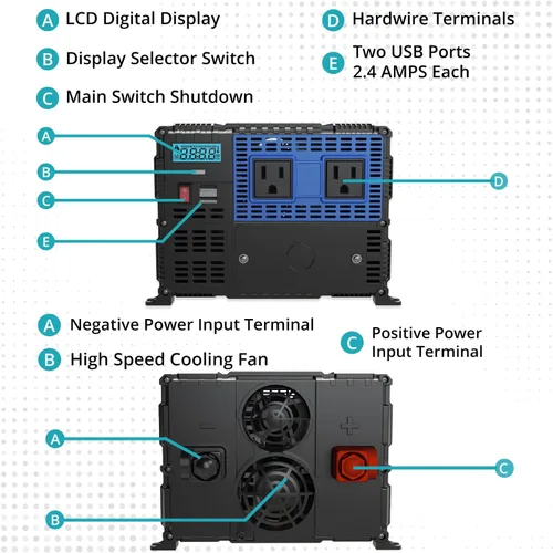 Vista 11 de PowerBright Inversor de corriente de 3000 vatios, convertidor de 12 V CC a 120 V CA para RV, camión, inversor fuera de la red, inversor de automóvil