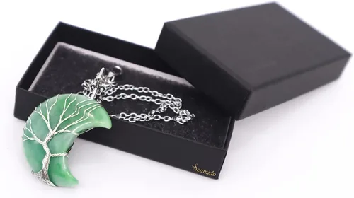 Vista 2 de Seamido Collar de cristal para chakras, árbol curativo, con alambre envuelto en luna, luna creciente, colgante espiritual, joyería para mujer