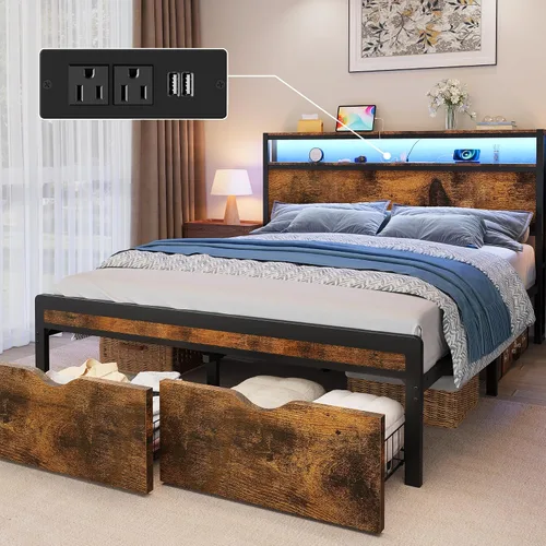 Vista 10 de FAVOOSTY Base de cama de tamaño matrimonial con cabecera de 2 niveles, plataforma de metal con 2 cajones de almacenamiento, luces LED y estación