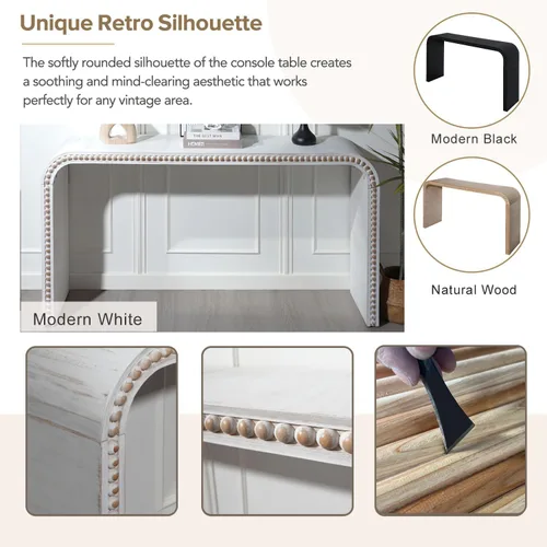 Vista 4 de Mesa consola blanca moderna de 59 pulgadas con cuentas de madera, mesa de entrada de madera rústica con estilo cascada curva, mesa de sofá de granja