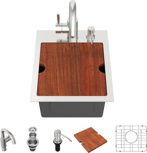 Vista 29 de Lordear - Fregadero de barra – Fregadero de barra dorado de 13 x 15 pulgadas con grifo dispensador de jabón, estación de trabajo, calibre 16 T304