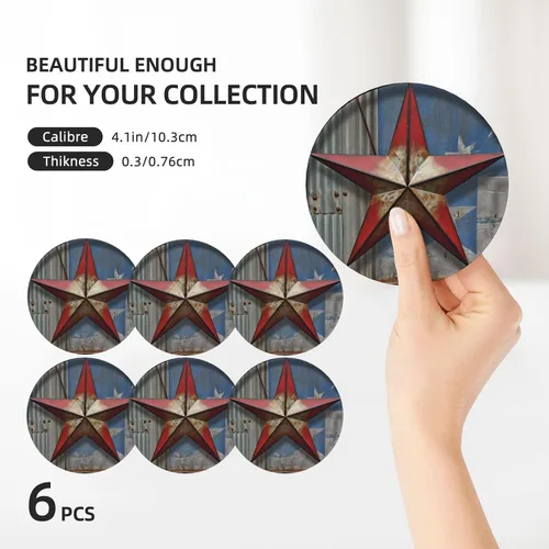 Vista 3 de American Wastern Texas - Juego de 6 posavasos con estampado de estrellas para bebidas, con base de corcho, posavasos de cerámica absorbente