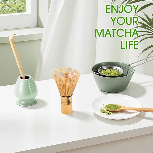 Vista 6 de Juego de 5 batidores de matcha, kit de batidores de matcha de bambú con soporte verde, accesorios de ceremonia de matcha japonesa, cuchara, batidor