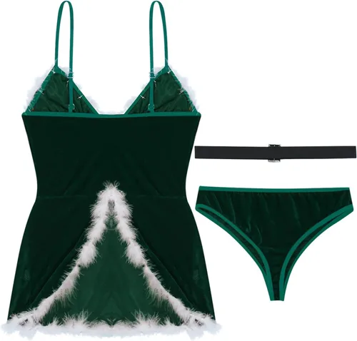 Vista 6 de Ropa interior de Navidad para mujer, sin mangas, de terciopelo, sexy, minivestido con bragas, cinturón, camisón de Santa Verde oscuro