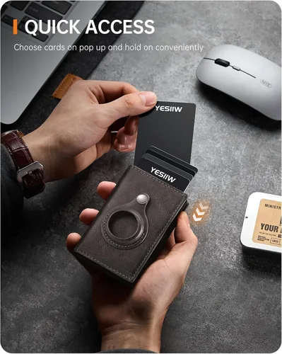 Vista 2 de YESIIW Billetera Airtag para hombre con clip para dinero, K4- Café (soporte AirTag)