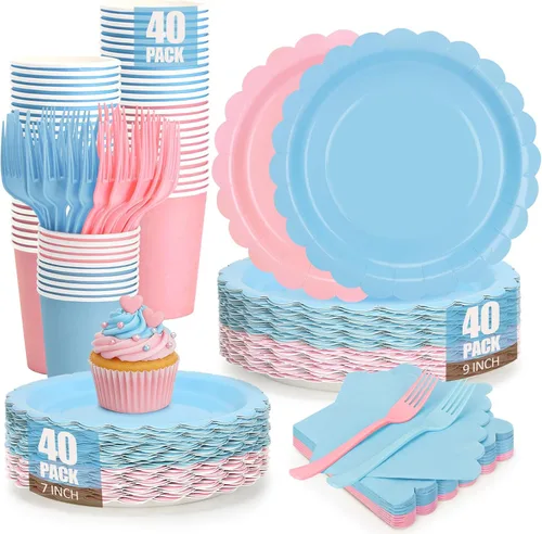 Vista 10 de 200 platos y servilletas de papel marfil, de 9 y 7 pulgadas, platos de fiesta desechables de color crema festoneado, tazas, servilletas, tenedores