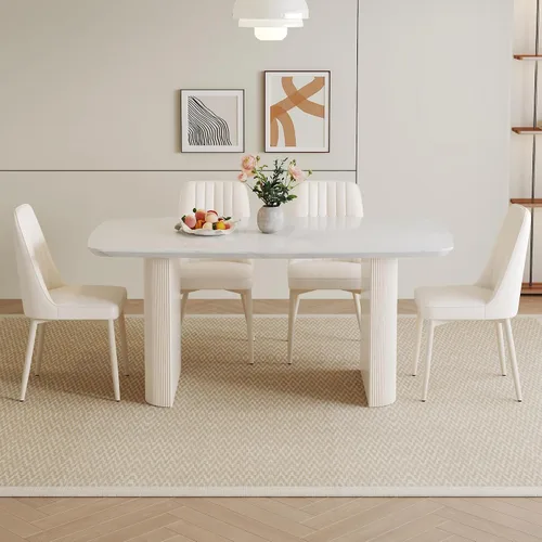 Vista 8 de Juego de mesa de comedor blanca para 4, juego de mesa de comedor de mármol de 67 pulgadas con mesa ovalada blanca crema de 3.5 pulgadas de grosor