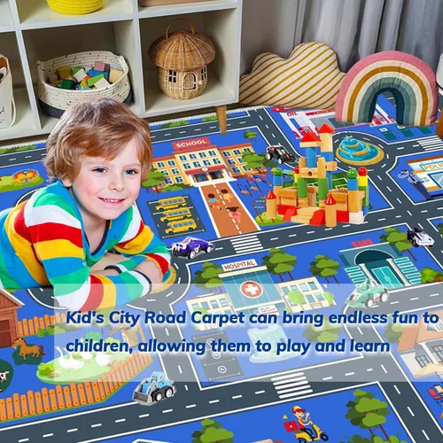 Vista 7 de Alfombra de coche de carretera para niños, 31 x 47 pulgadas, alfombra de pista de carreras de ciudad, alfombra de carreras para niños, alfombra
