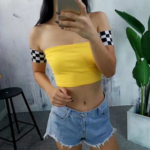 Vista 3 de Women's Plaid Printed T-Shirt Harajuku Kawaii Short SleeveOff Shoulder Crop Top