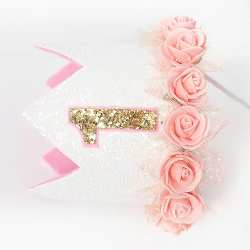 Vista 7 de Corona floral para el primer cumpleaños del bebé, sombrero de fiesta temática con flores, corona de flores boho para el primer cumpleaños